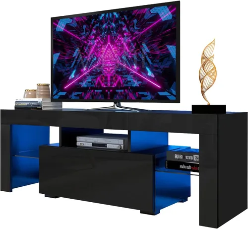 Soporte de TV LED para televisores de 55 pulgadas, consola de TV negra con luces LED de 20 colores, centro de entretenimiento de alto brillo con