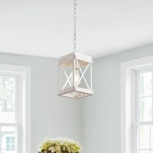 Miniatura 3 de Fivess Lighting - Lámpara colgante rústica de una luz ajustable con jaula de madera y metal, estilo granja moderna en blanco envejecido, lámpara