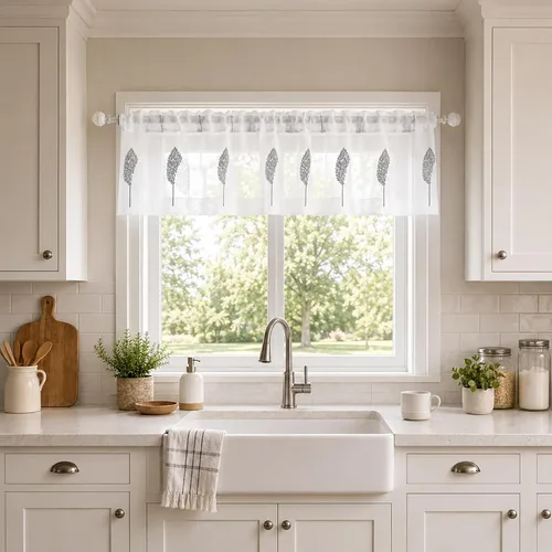 Miniatura 12 de VOGOL Juego de cortinas transparentes bordadas y cenefas para sala de estar, con bolsillo para barra blanca, par de cortinas traslúcidas