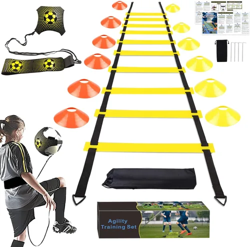 Miniatura 9 de Juego de entrenamiento de velocidad y agilidad para fútbol - Escalera de agilidad de 20 pies, 12/16 conos deportivos y entrenador de patada de Azul