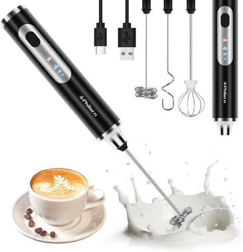 Philorn Varita espumadora de leche recargable, mezclador de bebidas de café de mano, espumador de espuma con 3 cabezales y 3 velocidades para