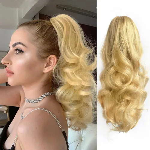 Miniatura 27 de Extensión de cola de caballo ondulada y rizada de 20 pulgadas de largo, peluca sintética de cola de caballo falsa con clip, extensiones de cabello