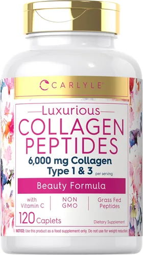 Carlyle Péptidos de colágeno con vitamina C | 6000 mg | 120 comprimidos | Alimentado con pasto tipo II y III | Fórmula de belleza | Suplemento sin