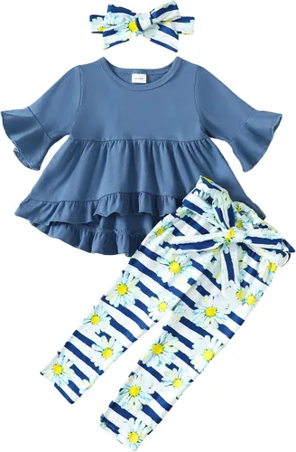 Miniatura 50 de Kucnuzki Conjunto de ropa para bebé niña pequeña, camisa de manga con volantes, pantalón floral, ropa de otoño e invierno para niña