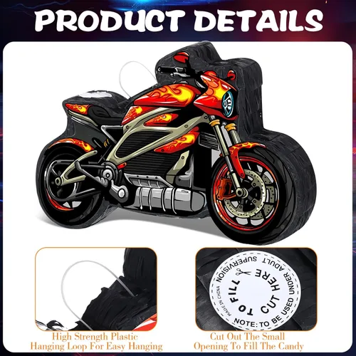 Miniatura 2 de Shappy Piñata de motocicleta 3D Dirt Bike Piñata con palo para los ojos vendados, decoración de cumpleaños de motocicleta roja, decoración de fiesta