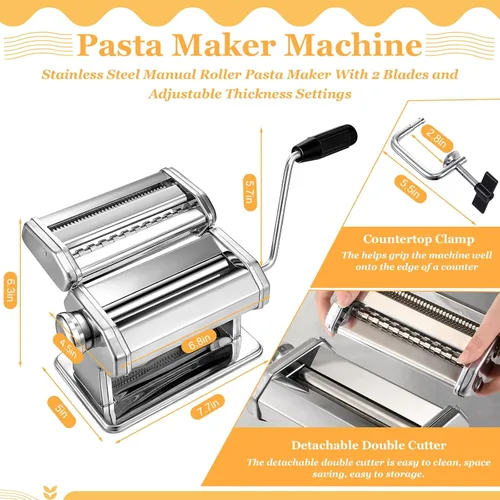 Miniatura 2 de Hushee Juego de 8 Piezas de Máquina para Hacer Pasta Incluyendo Máquina para Hacer Fideos de Acero Inoxidable Estante de Secado de Pasta de Madera