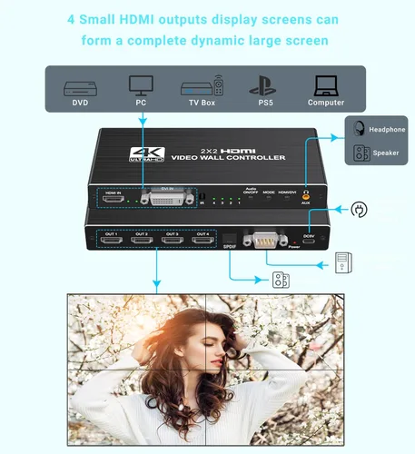Miniatura 5 de avedio Links Controlador de pared de video HDMI 2x2 4K, 1080P @60Hz HDMI DVI TV procesador de pared con salida de audio, 4 pantallas de TV en 1