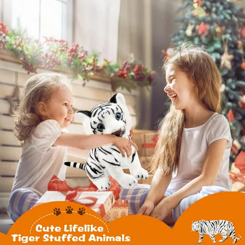 Miniatura 4 de Paquete de 2 juguetes de peluche de tigre de 11 pulgadas, lindo juguete de peluche realista de tigre, juguetes para fiestas temáticas de animales