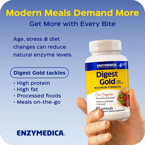 Miniatura 9 de Enzymedica - Digest Gold + ATPro - Enzimas de máxima potencia para la salud digestiva, descompone carbohidratos, grasas, fibra y proteínas