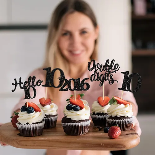 Miniatura 6 de Gyufise Paquete de 24 adornos negros para cupcakes de 10.º cumpleaños con purpurina negra 10 Ten Hello 10 Dights dobles desde 2015 para decoraciones