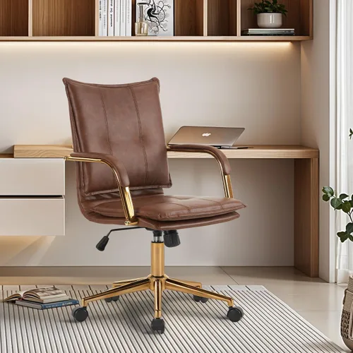 MOJAY Silla de escritorio ergonómica de cuero con respaldo medio, moderna silla tapizada para computadora, silla de oficina ejecutiva con brazos,