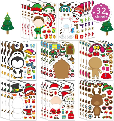 Miniatura 7 de Make-a-face - Adhesivo de Navidad para niños, 32 hojas para mezclar y combinar con Papá Noel, reno, pingüino, oso polar y elfo, manualidades