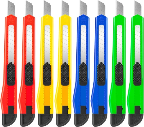 8 paquetes de cortadores de caja de cuchillos utilitarios (cortador de hoja ancha de 9mm, 4 colores) Cortador de caja retráctil, cuchillos
