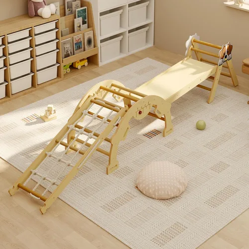 Juguetes de escalada 4 en 1 para niños pequeños con rampa, arco y escalera, juego de triángulos Pikler con construcción de madera, juego de escalada