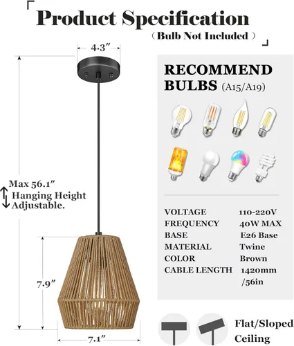 Miniatura 3 de ELYONA Paquete de 3 luces colgantes tejidas, lámpara colgante bohemia moderna de 7 pulgadas con pantalla de ratán tejida a mano, accesorios de luz