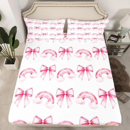 Miniatura 34 de Sábana bajera con lazo azul tamaño individual, juego de ropa de cama de princesa con cerezas, estrellas y flores margaritas de dibujos animados