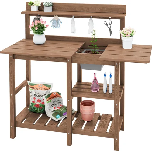 Miniatura 14 de SERWALL Banco de macetas para exteriores con fregadero extraíble, mesa para macetas de polietileno de alta densidad resistente a la putrefacción
