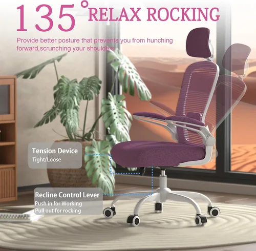 Miniatura 6 de Mimoglad Silla de oficina, silla de escritorio ergonómica de respaldo alto con soporte lumbar ajustable y reposacabezas, silla giratoria con Orquídea