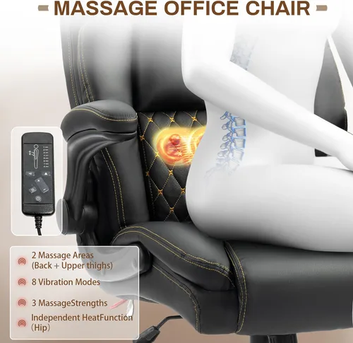 Miniatura 3 de Silla de oficina de masaje, sillas de escritorio ergonómicas mecedoras de 500 libras con 4 puntos de vibración y calor, reposabrazos abatibles Pu