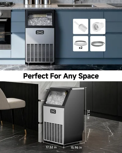 Miniatura 7 de Feelfunn Máquina comercial para hacer hielo - 100 libras/24 horas, capacidad de almacenamiento de 33 libras, máquina de hielo de acero inoxidable