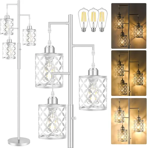 Miniatura 12 de Lámpara de pie regulable, lámpara de pie de granja con elegante jaula de metal, lámparas de pie industriales de árbol alto para sala de estar, Negro