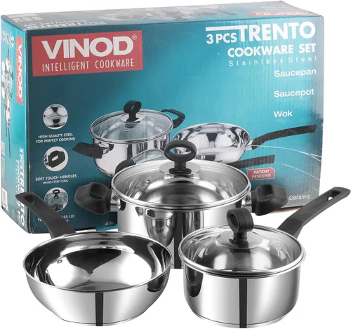 Miniatura 3 de Vinod Juego de utensilios de cocina Trento de acero inoxidable apto para inducción, 3 piezas, cacerola (6.3 in/1,5 litros), 1 cacerola