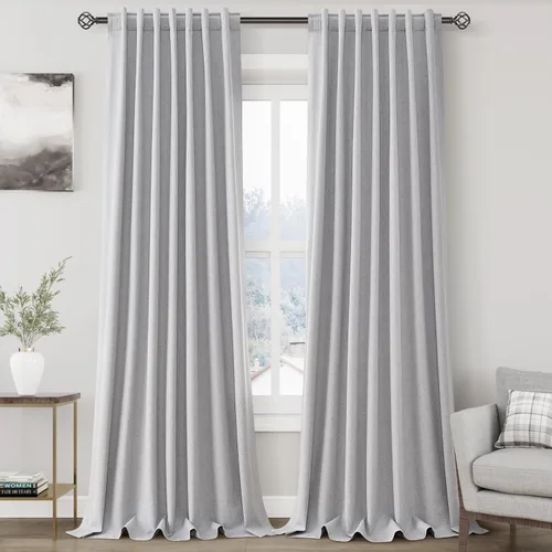 Miniatura 17 de Cortinas de lino 100% opacas para dormitorio, 102 pulgadas de largo, con pestaña trasera, bolsillo para barra, paneles acústicos con aislamiento