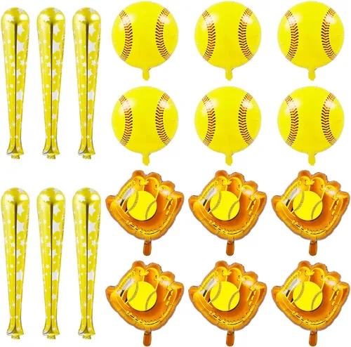 18 globos de papel de aluminio de sóftbol para decoración de fiesta de sóftbol, bola de 18 pulgadas, guante de 20 pulgadas, globos de murciélago de