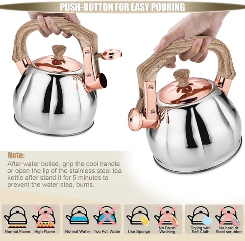 Miniatura 3 de Hervidor de té de acero inoxidable para estufa con mango ergonómico a prueba de calor y silbato de 2.5 cuartos