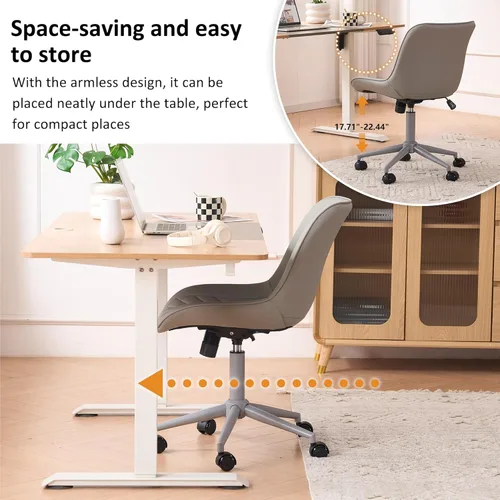 Miniatura 6 de YOUNIKE Silla de oficina ergonómica de piel sintética gris sin brazos, cómoda silla de escritorio con respaldo mecedor, bonita silla giratoria
