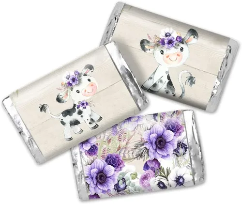 Amanda Creation Acuarela Purple Cow Baby Shower Baby Shower Mini Chocolate Candy Bar Wrappers Wrappers Envoltura de 45 etiquetas envolventes de 1.4