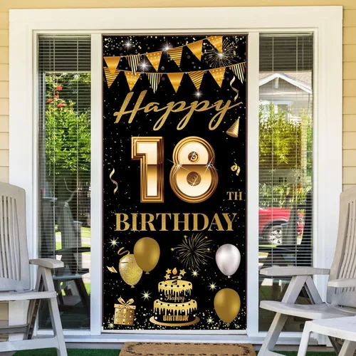 Miniatura 6 de Cartel de puerta de fiesta de cumpleaños número 18, decoración de feliz cumpleaños 18 para niñas y niños, telón de fondo negro dorado para fotos