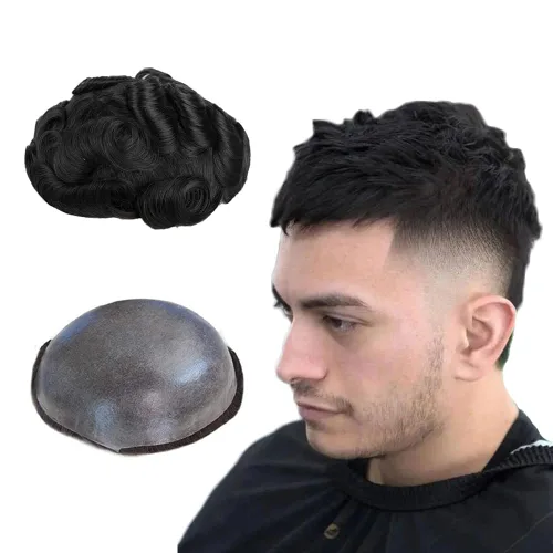 Toupee para hombres, cabello humano para hombre, piezas de cabello de 0.002 in, piel suave y fina, un solo nudo, natural, ondulado, sistema de