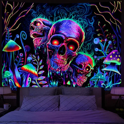 Amonercvita Tapiz de calavera con luz negra, tapiz de pared de esqueleto trippy, reactivo a los rayos UV, plantas de neón, árboles, tapices