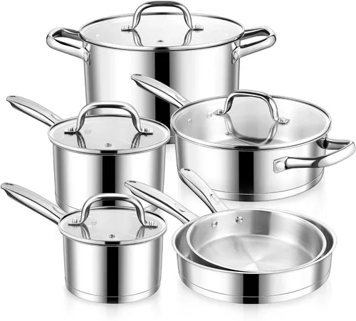 E-far Juego de utensilios de cocina de acero inoxidable de 10 piezas, ollas y sartenes de inducción con base de tres capas, juego de cocina no