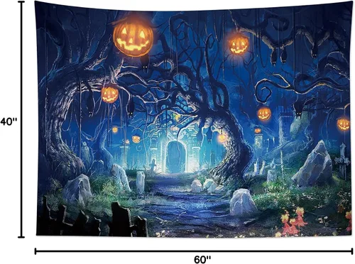 Miniatura 8 de HVEST Tapiz de noche de Halloween, tapiz para colgar en la pared, bosque embrujado con tumba y calabazas, manta de pared para dormitorio, sala
