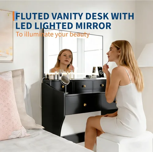 Miniatura 4 de Garvee Tocador de 31.5 pulgadas de ancho con silla, tocador para mujer con taburete, espejo LED, soporte para secador de pelo, toma de corriente, 3