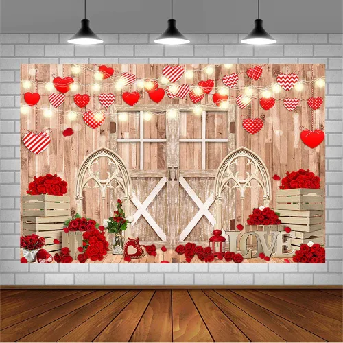 Miniatura 3 de AIBIIN Telón de fondo para el día de San Valentín de 7 x 5 pies para fotografía, puerta de pared de madera rústica, telón de fondo de San Valentín