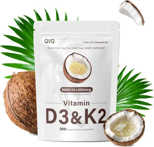 Miniatura 10 de 300 Piezas 2 en 1 Vitamina D3 10000 iu Plus K2 (MK-7) 200 mcg Cápsulas Blandas de Aceite de Coco Virgen con Vitaminas D y K Apoya la Absorción