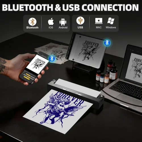 Miniatura 6 de Nueva impresora de plantillas de tatuajes, kit térmico inalámbrico Bluetooth con 10 papeles de transferencia, se adapta a papel térmico