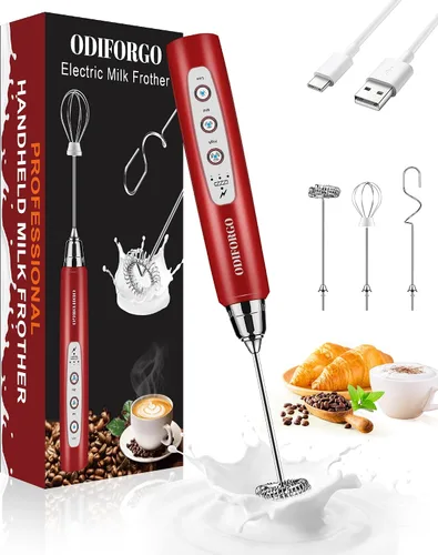 ODIFORGO Espumador de leche de mano, batidor eléctrico recargable USB tipo C de 3 velocidades ajustables, varita espumadora de café con 3 batidores