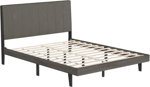 Miniatura 9 de Giantex Base de cama tapizada, soporte de listones de madera, base de colchón Queen con cabecera copetuda, cama de plataforma con patas de madera