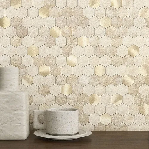 MOFIT - Azulejos hexagonales para salpicaduras de cocina, autoadhesivos, de metal y mármol, diseño de panal de abejas para despegar y pegar, Beige