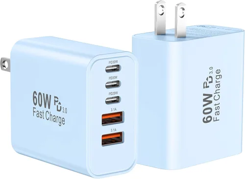 Miniatura 17 de Bloque de cargador de pared rápido USB C, paquete de 2 cubos de carga USBC de 60 W, adaptador de corriente PD+QC de 5 puertos ladrillo multipuerto