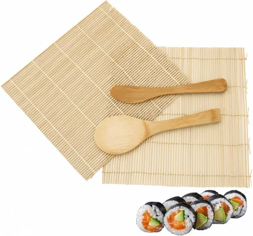 Miniatura 8 de JapanBargain, Kit de fabricación de sushi, 2 alfombrillas de bambú verde con paleta de arroz y esparcidor, juego de rodillos de sushi japonés