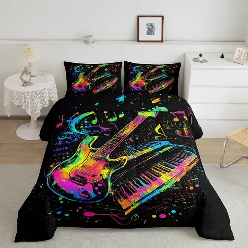 Miniatura 9 de Castle Fairy Juego de edredón de botas de vaquero, tamaño individual, juego de ropa de cama bohemio con guitarra musical para niños y niños