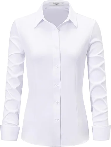 Miniatura 11 de Camisas de vestir para mujer, de manga larga, con botones, elástica, sin arrugas, color liso, casual, para el trabajo, oficina, blusa