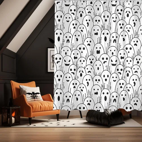 Miniatura 3 de FUNKY WIZARD Cortina de ducha de Halloween, cortina de ducha espeluznante de fantasma, de Halloween, 72 x 72 pulgadas, tela impermeable con 12 Blanco