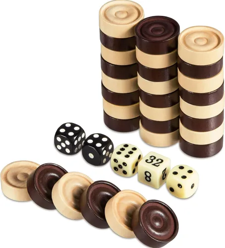 Miniatura 8 de BIVOMON Juego de 30 piezas apilables de madera clásicas, juego de 30 piezas de damas, 5 dados, 2 bolsas de almacenamiento con cordón, damas