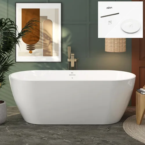 Miniatura 42 de FerdY 59" Bañera de acrílico independiente Bali Elite, bañera independiente de inmersión con forma elegante, certificada cUPC, desagüe negro Toe-Tap